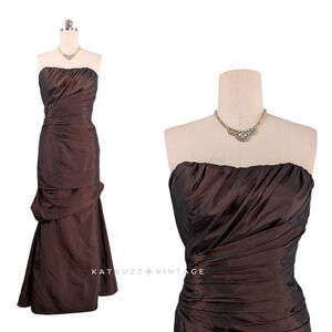 Prom Dress Maxi Gown M Brown Glam Strapless Mermaid Pleat Mother Tie Classic
